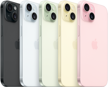 iPhone 15, back view showing advanced camera system and color-infused glass in all finishes: Black, Blue, Green, Yellow, Pink.