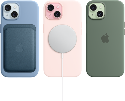 iPhone 15 showing iPhone 15 Silicon Case with MagSafe, FineWoven Wallet with Magsafe, MagSafe Charger, MagSafe Battery Pack.