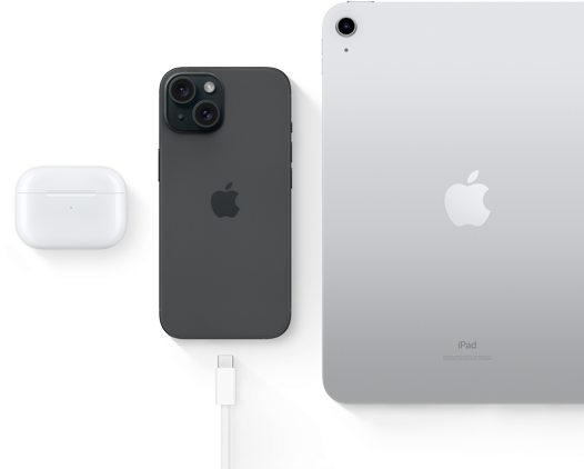 iPhone 15 with USB-C connector showing same connector can be used with AirPods Pro and iPad