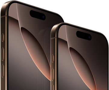 6.9-inch iPhone 16 Pro Max and 6.3-inch iPhone 16 Pro, front exterior, Action button, volume buttons, Dynamic Island centred near top