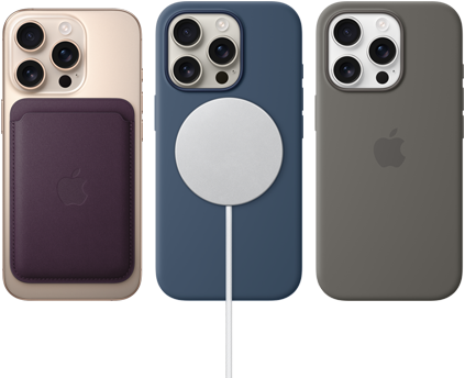 Three iPhone 16 Pro devices, back exterior, with MagSafe accessories attached: iPhone FineWoven MagSafe Wallet, MagSafe Charger and iPhone Silicone Case with MagSafe