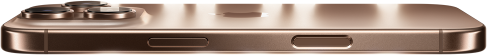 iPhone 16 Pro in Desert Titanium finish, side exterior, Apple logo in centre, raised Pro camera system, Side button, Camera Control button