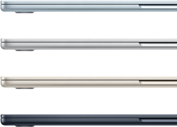 Four MacBook Air laptops showing colours available: Sky Blue, Silver, Starlight and Midnight