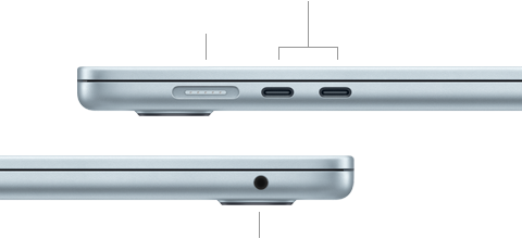 Side views of MacBook Air showing ports: MagSafe and two Thunderbolt 4 ports on left side, headphone jack on right side