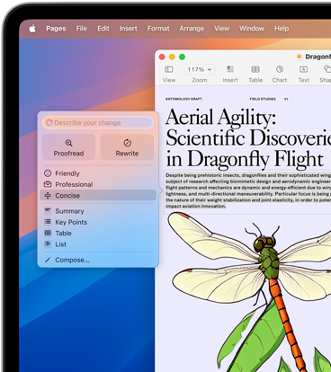 Revising a scientific document about dragonfly flight to be more concise using Apple Intelligence Writing Tools