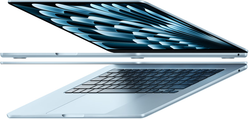 Two open MacBook Air laptops in Sky Blue colour forming arrow shape, emphasising narrow profile