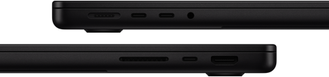 Showing the ports on MacBook Pro — left side: MagSafe, two Thunderbolt ports and headphone jack — right side: SDXC, one Thunderbolt port and HDMI