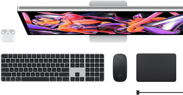 Mac accessories: AirPods, Studio Display, Magic Keyboard, Magic Mouse, Magic Trackpad, MagSafe charge cable in Space Black