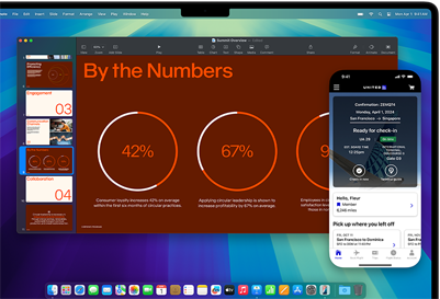 Demonstrating iPhone Mirroring, with iPhone display shown within MacBook Pro screen