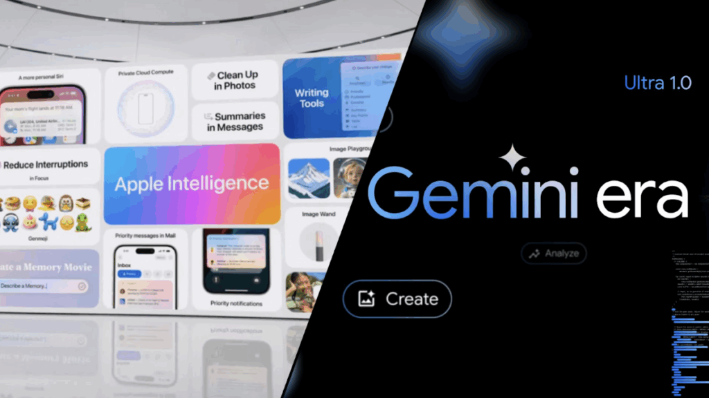 Comparison of Apple Intelligence and Google Gemini AI features for productivity, privacy, and creativity.