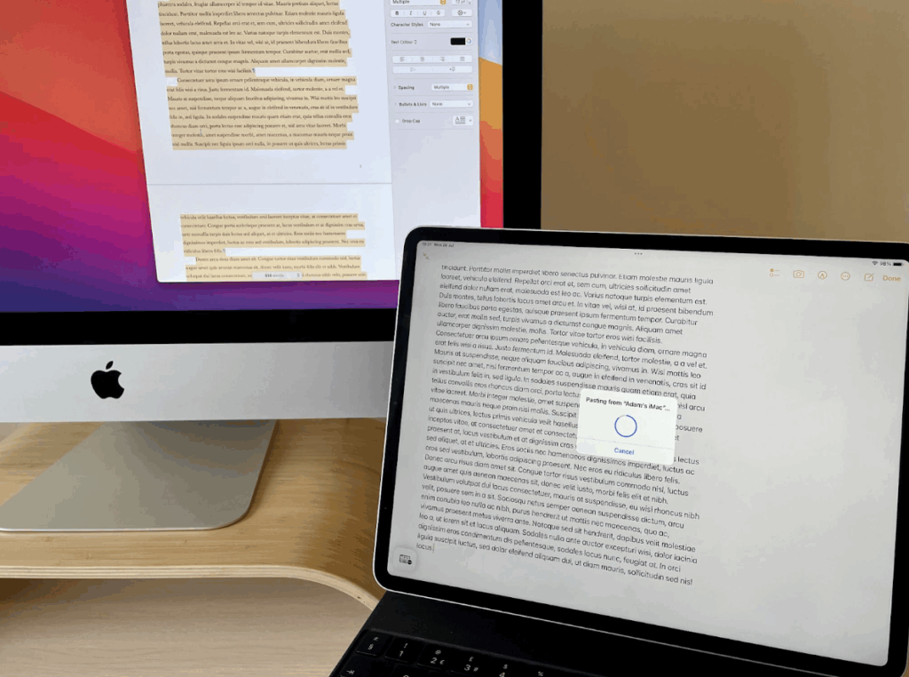 iMac and iPad using Apple Continuity Universal Clipboard to copy and paste text seamlessly between devices.