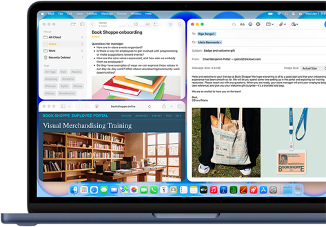 MacBook Neo, indigo colour, screen shows composing a welcome email to new employee of bookstore, other tiled windows contain Notes doc about onboarding and bookstore's employee portal website in Safari