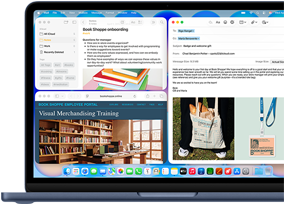 MacBook Neo, indigo colour, screen shows composing a welcome email to new employee of bookstore, other tiled windows contain Notes doc about onboarding and bookstore's employee portal website in Safari